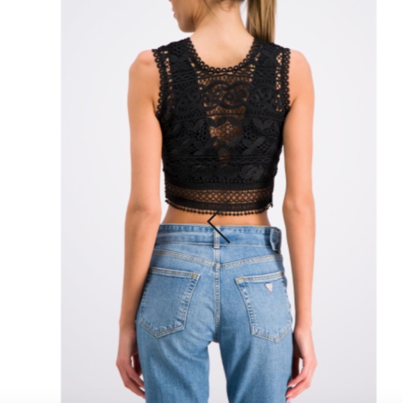 Guess Tiffany Black Lace Crop V Neck Top Sz M EUC - Picture 7 of 16